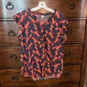 OLD NAVY - Women’s Top w/ small flutter sleeve - Sz XL Navy Blue w/ Red Lobsters